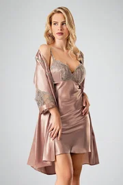 Ahu Lingerie 2li Sabahlıklı Saten Dantelli Gecelik Takım Vizon Ahu 7708