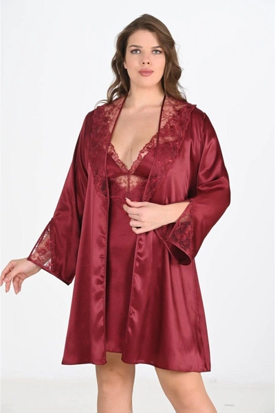 2li Saten Büyük Beden Bordo Gecelik Sabahlık Takımı Bigsize Ahu 6209