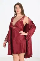 2li Saten Büyük Beden Bordo Gecelik Sabahlık Takımı Bigsize Ahu 6209 Bordo detay görünüm