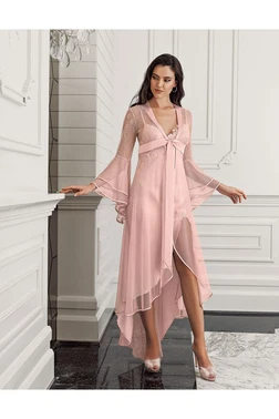 İmaj Önden Bağlamalı Yırtmaçlı 2li Saten Gecelik Takım İmaj 4202