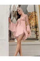 2li Şifon Gecelik Takımı Sırtı Transparan Dantel Kapşon Detaylı İmaj 5201 Pudra