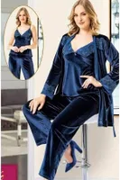 3Lü Kadife Sabahlık Pijama Takımı Lacivert XSES 5100 Lacivert