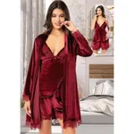 3Lü Dantelli Kadife Sabahlık Şortlu Takımı Bordo XSES 5150 Bordo