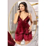 3Lü Dantelli Kadife Sabahlık Şortlu Takımı Bordo XSES 5150 Bordo detay görünüm
