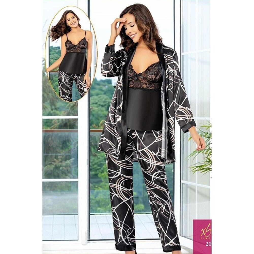 3Lü Siyah Dantelli Dijital Desenli Saten Empirme Sabahlık Pijama Çeyiz Seti XSES 2151