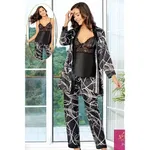 3Lü Siyah Dantelli Dijital Desenli Saten Empirme Sabahlık Pijama Çeyiz Seti XSES 2151 Siyah