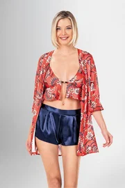 Ahu Lingerie 3lü Şort Büstiyer Sabahlık Takımı Desenli Ahu Loriva 1917