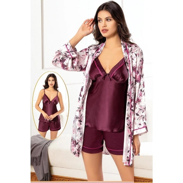 3Lü Şortlu Saten Desenli Empirme Sabahlık Pijama Çeyiz Seti XSES 2156