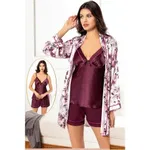 3Lü Şortlu Saten Desenli Empirme Sabahlık Pijama Çeyiz Seti XSES 2156 Mor