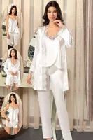 4Lü Ekru Saten Sabahlık Şort Pijama Empirme Çeyiz Seti XSES 2165 Ekru