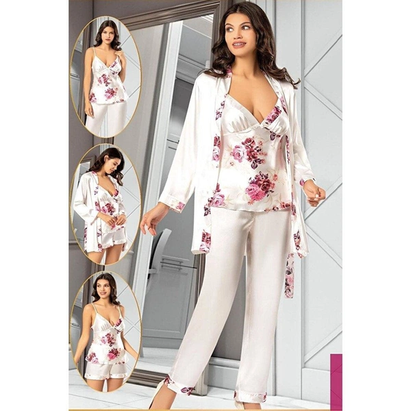 4Lü Empirme Şortlu Saten Çiçek Desenli Sabahlık Pijama Çeyiz Seti XSES 2155