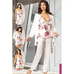 4Lü Empirme Şortlu Saten Çiçek Desenli Sabahlık Pijama Çeyiz Seti XSES 2155 Pembe