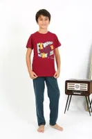 Kısa Kollu Penye Erkek Çocuk Pijama Takım Akbeniz 20758 Bordo detay görünüm