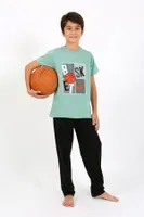 Basketball Kısa Kollu Penye Erkek Çocuk Pijama Takım Akbeniz 20758 Su Yeşili