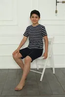 Penye Çizgili Erkek Çocuk Şortlu Pijama Takım Akbeniz 20394 Lacivert