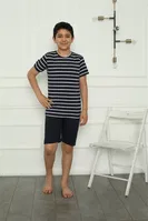 Penye Çizgili Erkek Çocuk Şortlu Pijama Takım Akbeniz 20394 Lacivert detay görünüm