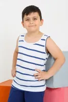 Çizgili Erkek Çocuk Sıfır Kollu Şortlu Penye Pijama Takımı Akbeniz 20435 Beyaz farklı açı