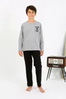 Yuvarlak Yaka Uzun Kol Penye Erkek Çocuk Pijama Takım Akbeniz 20437 Gri