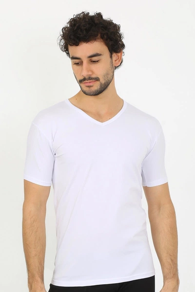 Likralı V Yaka Beyaz Kısa Kollu Erkek T-Shirt Akbeniz 65700