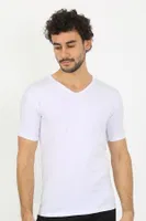 Likralı V Yaka Beyaz Kısa Kollu Erkek T-Shirt Akbeniz 65700 Beyaz