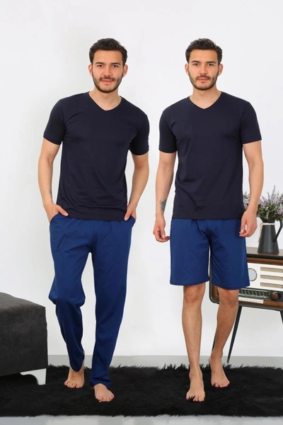 Penye 3'lü Lacivert V Yaka Erkek Pijama Takımı Akbeniz 6822