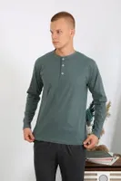 Yuvarlak Yaka Penye Uzun Kollu Erkek Pijama Takımı Akbeniz 6860 Haki farklı açı
