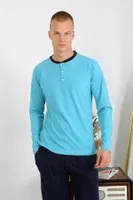 Penye Uzun Kollu Düğmeli Yaka Erkek Pijama Takımı Akbeniz 6860 Turkuaz detay görünüm
