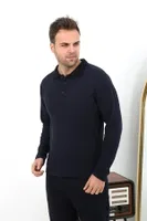 Uzun Kollu Polo Yaka Penye Erkek Pijama Takımı Akbeniz 6862 Lacivert farklı açı