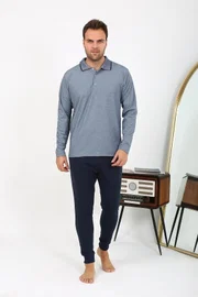 Polo Yaka Uzun Kollu Penye Erkek Pijama Takımı Lacivert Akbeniz 6865