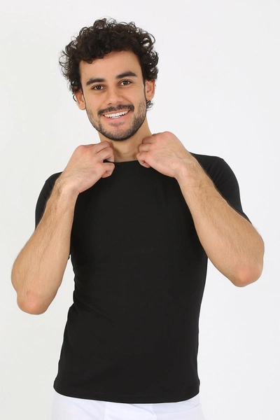 Kısa Kollu Sıfır Yaka Likralı Siyah Erkek T-Shirt Akbeniz 65710