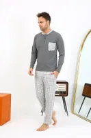 Kareli Uzun Kollu Penye Antrasit Erkek Pijama Takımı Akbeniz 6861 Antrasit görsel 4