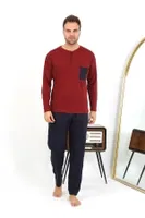 Düğmeli Uzun Kollu Penye Bordo Erkek Pijama Takımı Akbeniz 6861 Bordo