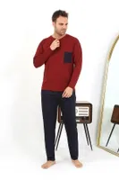 Düğmeli Uzun Kollu Penye Bordo Erkek Pijama Takımı Akbeniz 6861 Bordo detay görünüm