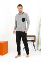 Yuvarlak Yaka Düğmeli Uzun Kollu Penye Erkek Pijama Takımı Akbeniz 6861 Füme farklı açı