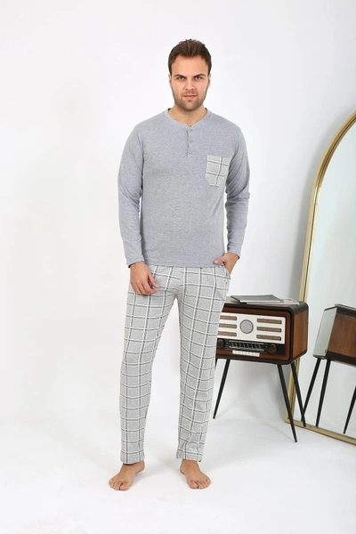Ekoseli Erkek Uzun Kollu Penye Gri Pijama Takımı Akbeniz 6861
