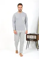 Ekoseli Erkek Uzun Kollu Penye Gri Pijama Takımı Akbeniz 6861 Gri detay görünüm