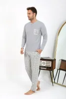 Ekoseli Erkek Uzun Kollu Penye Gri Pijama Takımı Akbeniz 6861 Gri farklı açı