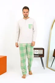 Akbeniz Pamuklu Uzun Kollu Ekoseli Krem Erkek Pijama Takımı Akbeniz 6861