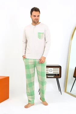 Akbeniz Pamuklu Uzun Kollu Ekoseli Krem Erkek Pijama Takımı Akbeniz 6861 - Alternatif Görünüm