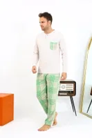 Pamuklu Uzun Kollu Ekoseli Krem Erkek Pijama Takımı Akbeniz 6861 Krem farklı açı