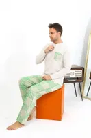 Pamuklu Uzun Kollu Ekoseli Krem Erkek Pijama Takımı Akbeniz 6861 Krem görsel 4