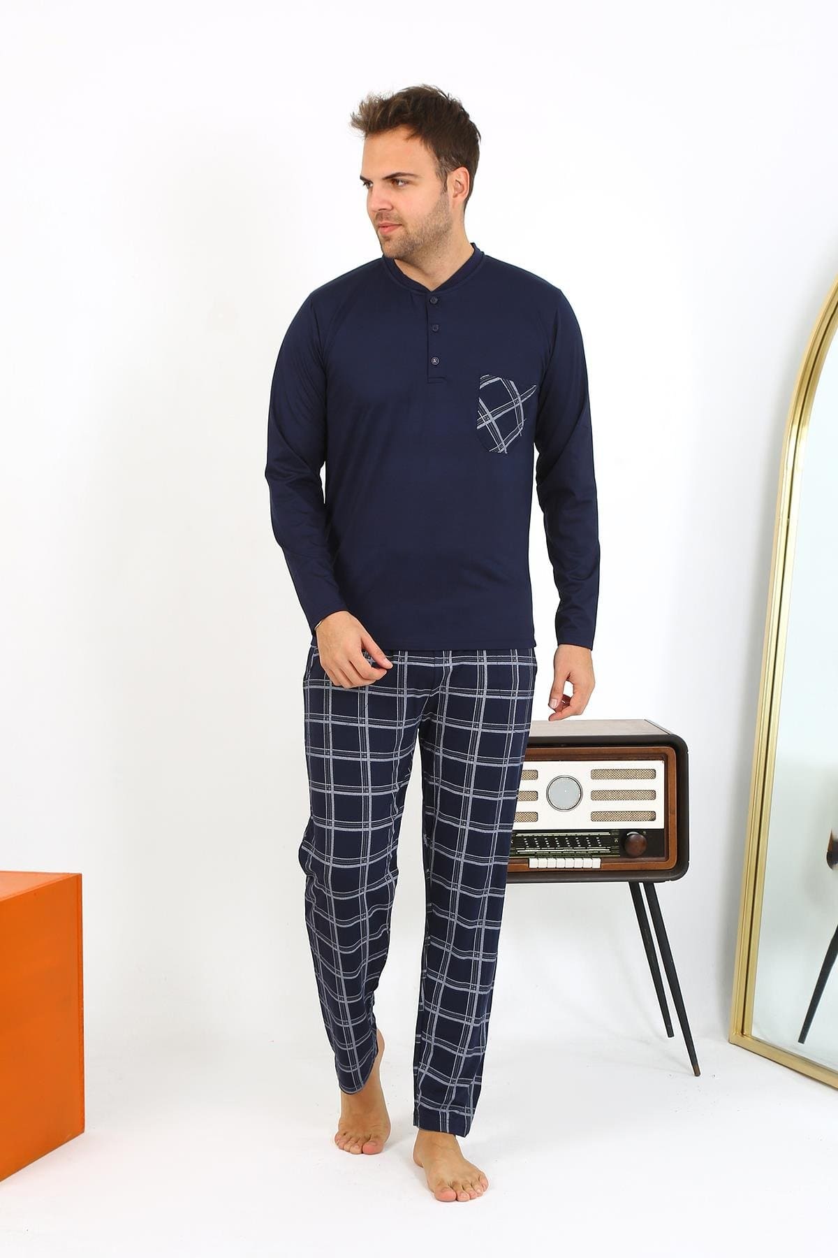 Lacivert Uzun Kollu Cepli Penye Erkek Pijama Takımı Akbeniz 6861