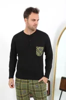 Yakası Düğmeli Uzun Kollu Penye Siyah Erkek Pijama Takımı Akbeniz 6861 Siyah detay görünüm