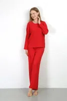 Uzun Kollu Bürümcük Kumaş Pijama Takım Kadın Kırmızı Akbeniz 4233 Kırmızı
