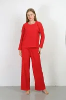 Uzun Kollu Bürümcük Kumaş Pijama Takım Kadın Kırmızı Akbeniz 4233 Kırmızı detay görünüm