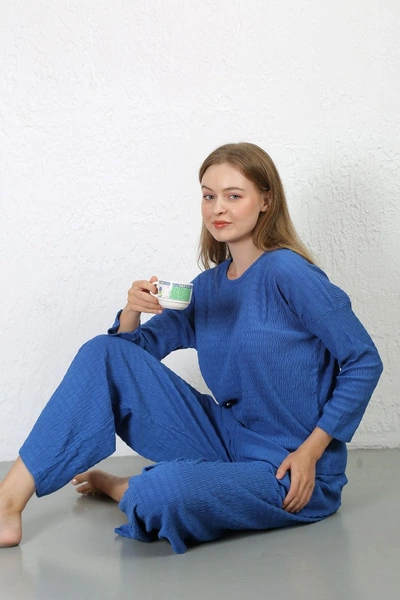 Yuvarlak Yaka Bürümcük Kumaş Pamuklu Pijama Takım Akbeniz 4233