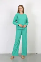 Uzun Kollu Pamuklu Bürümcük Kumaş Pijama Takım Yeşil Akbeniz 4233 Yeşil detay görünüm
