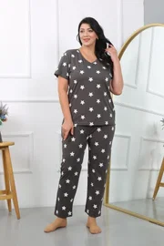 Yıldızlı Kısa Kollu Penye Kadın Büyük Beden Pijama Takımı Akbeniz 202407