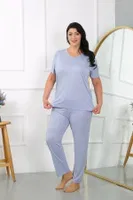 Kısa Kollu Kadın Büyük Beden Penye Pijama Takımı Lila Akbeniz 202405 Lila detay görünüm