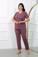 Büyük Beden Kısa Kollu Penye Kadın Pijama Takımı Akbeniz 202405 Mürdüm